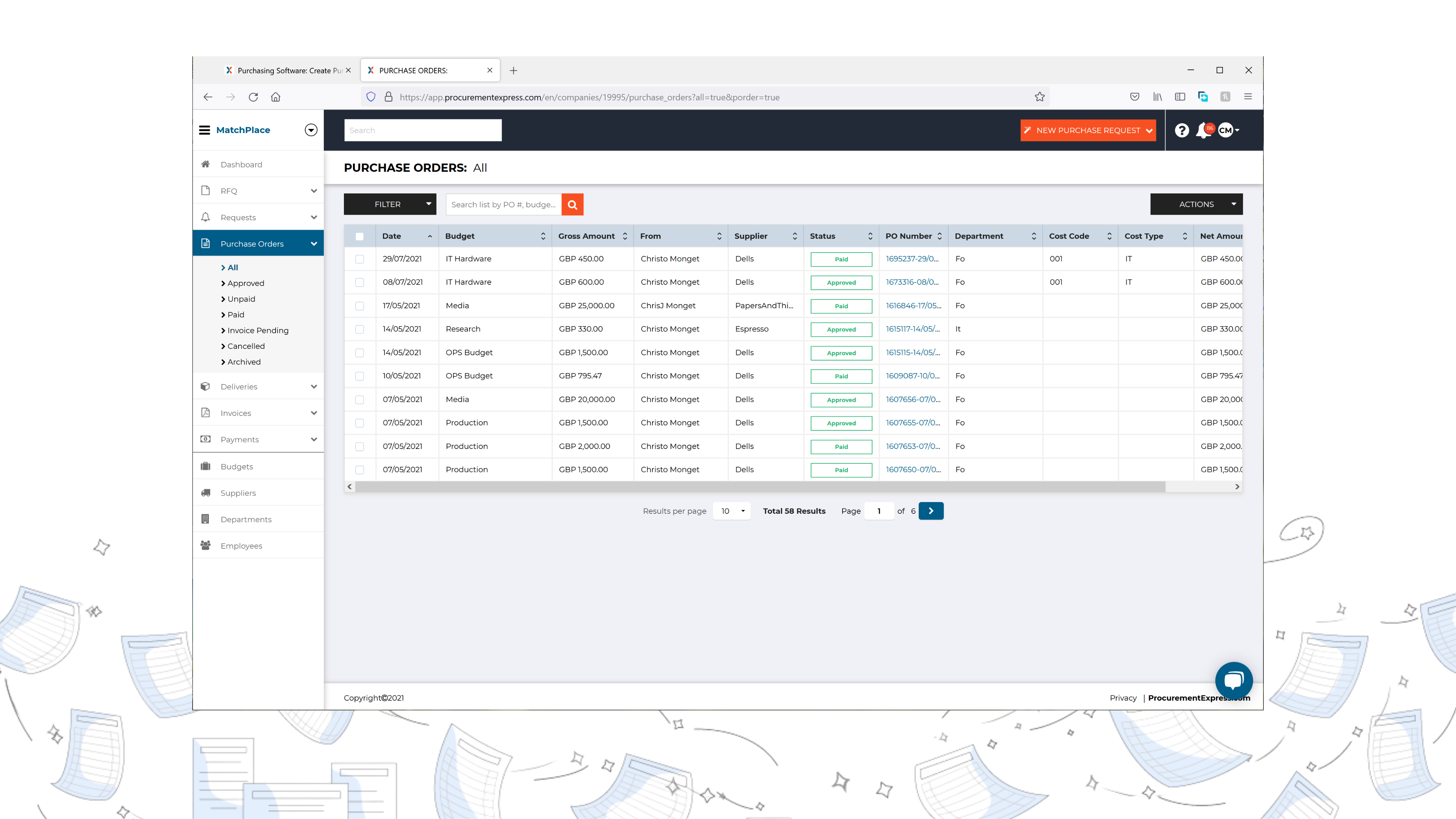 screenshot of ProcurementExpress.com