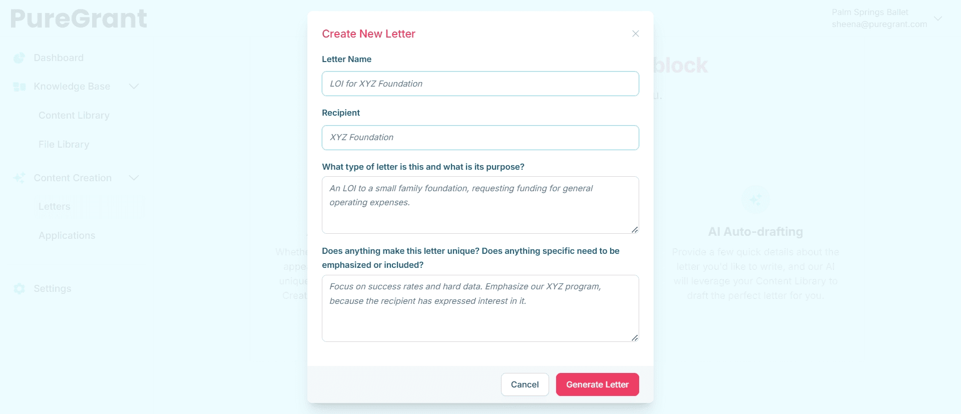 screenshot of PureGrant