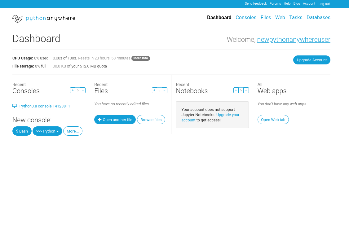 screenshot of PythonAnywhere