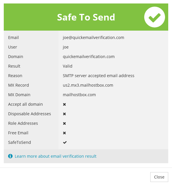 screenshot of QuickEmailVerification