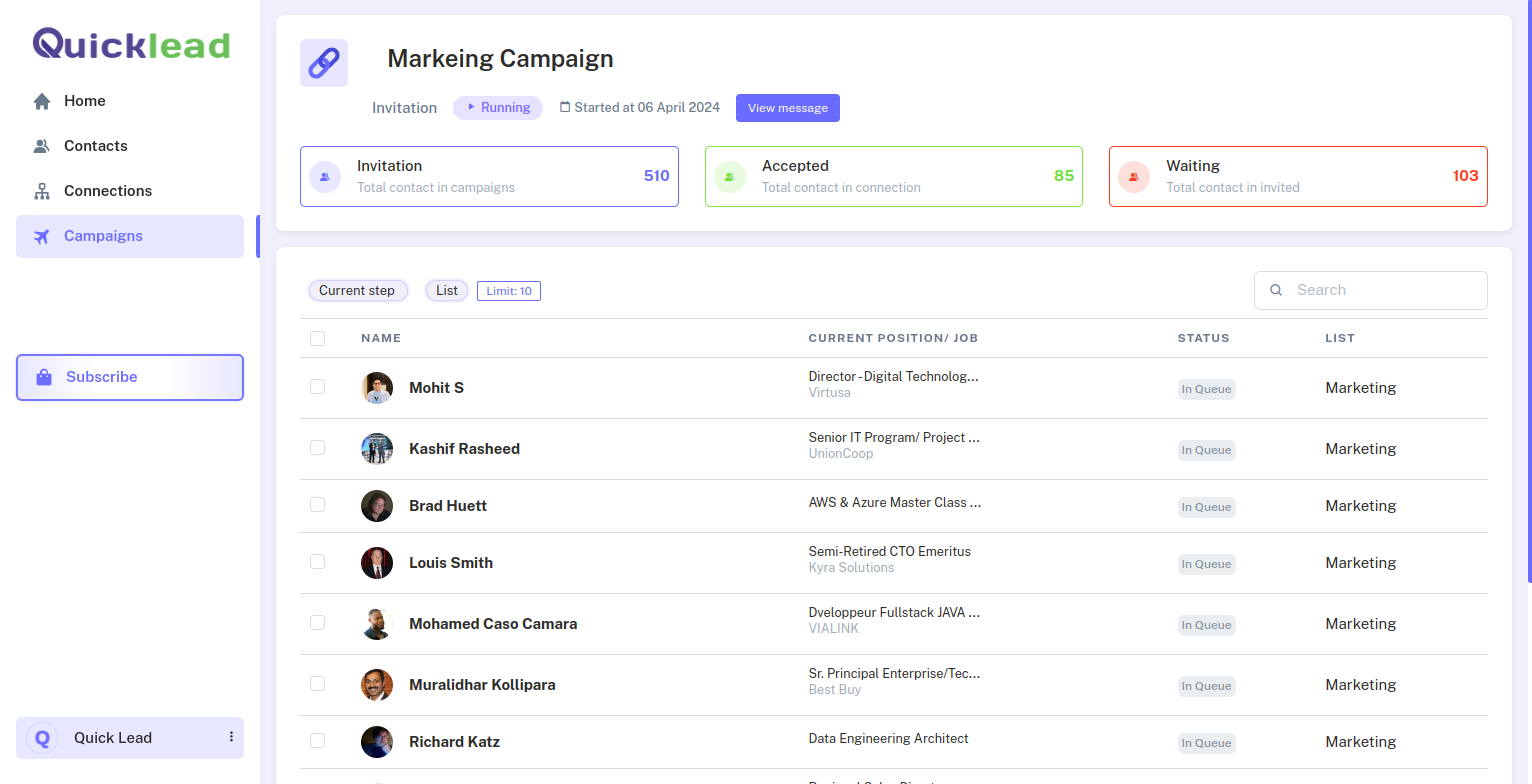 screenshot of Quicklead