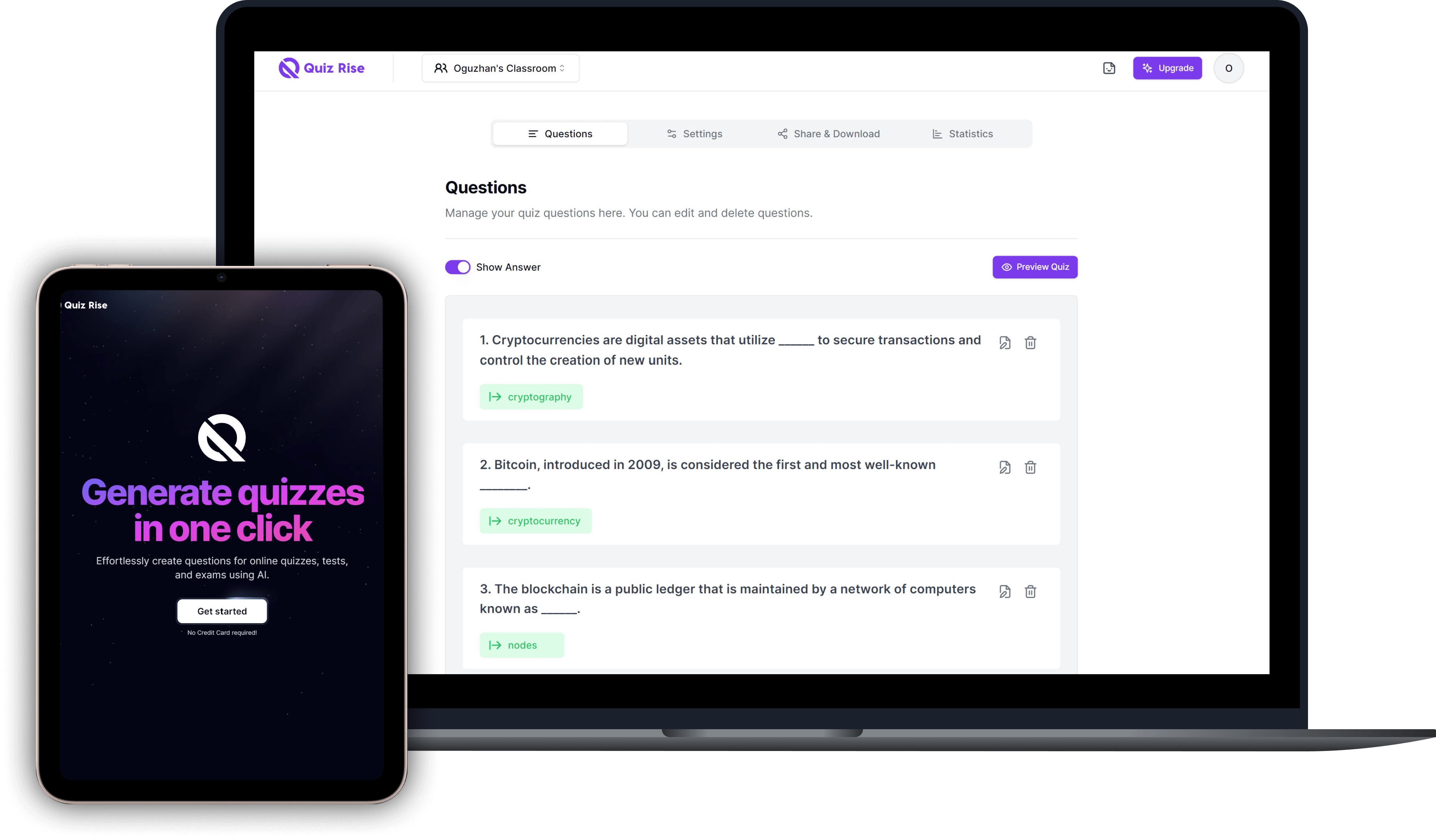 screenshot of QuizRise
