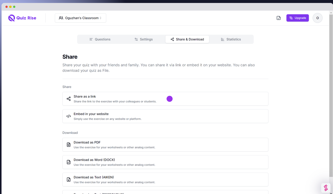 screenshot of QuizRise
