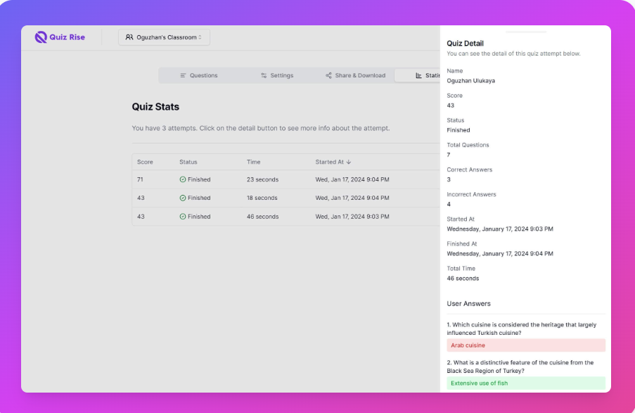 screenshot of QuizRise
