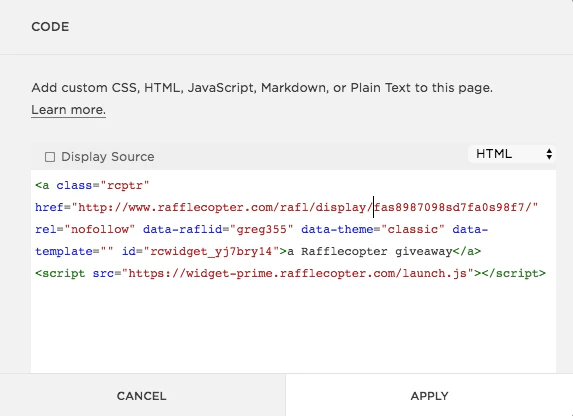 screenshot of Rafflecopter