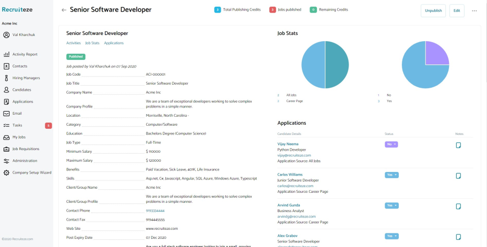 screenshot of Recruiteze