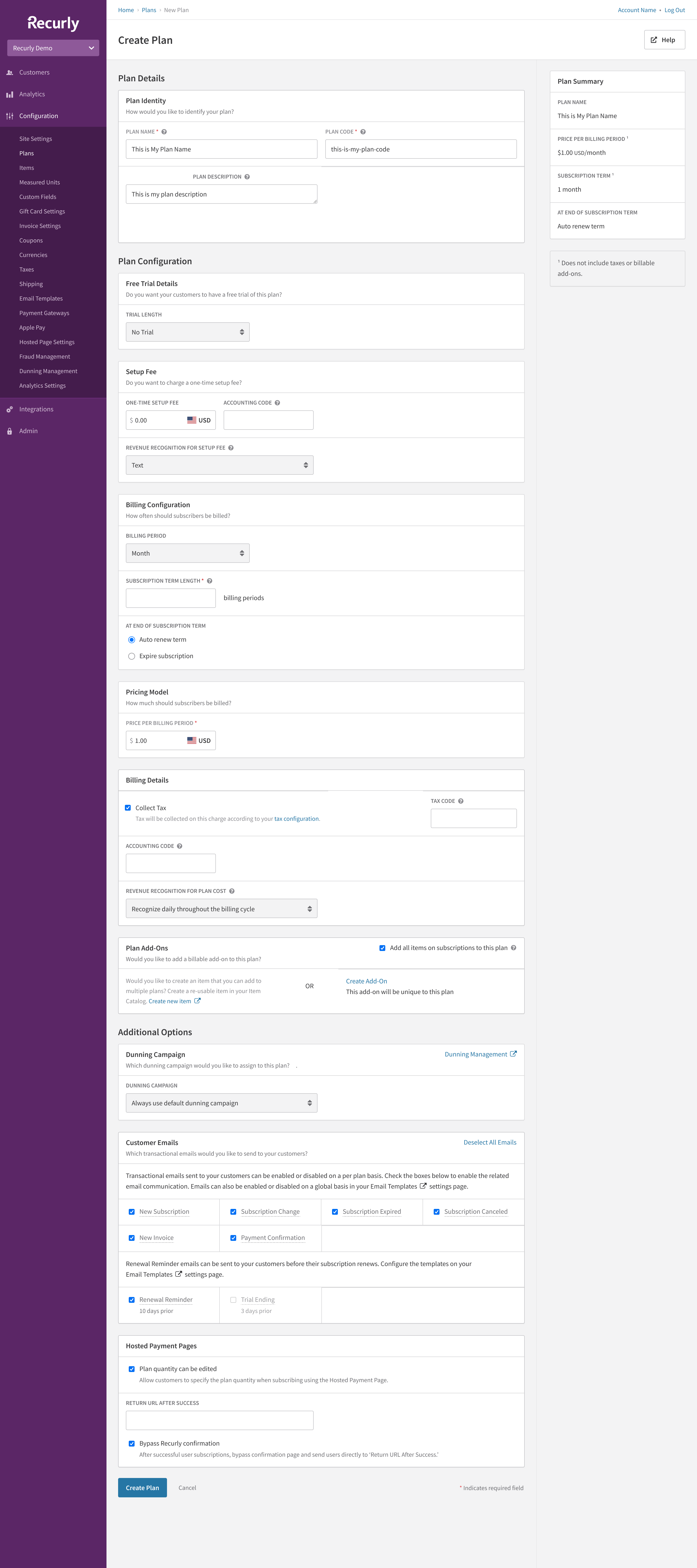 screenshot of Recurly