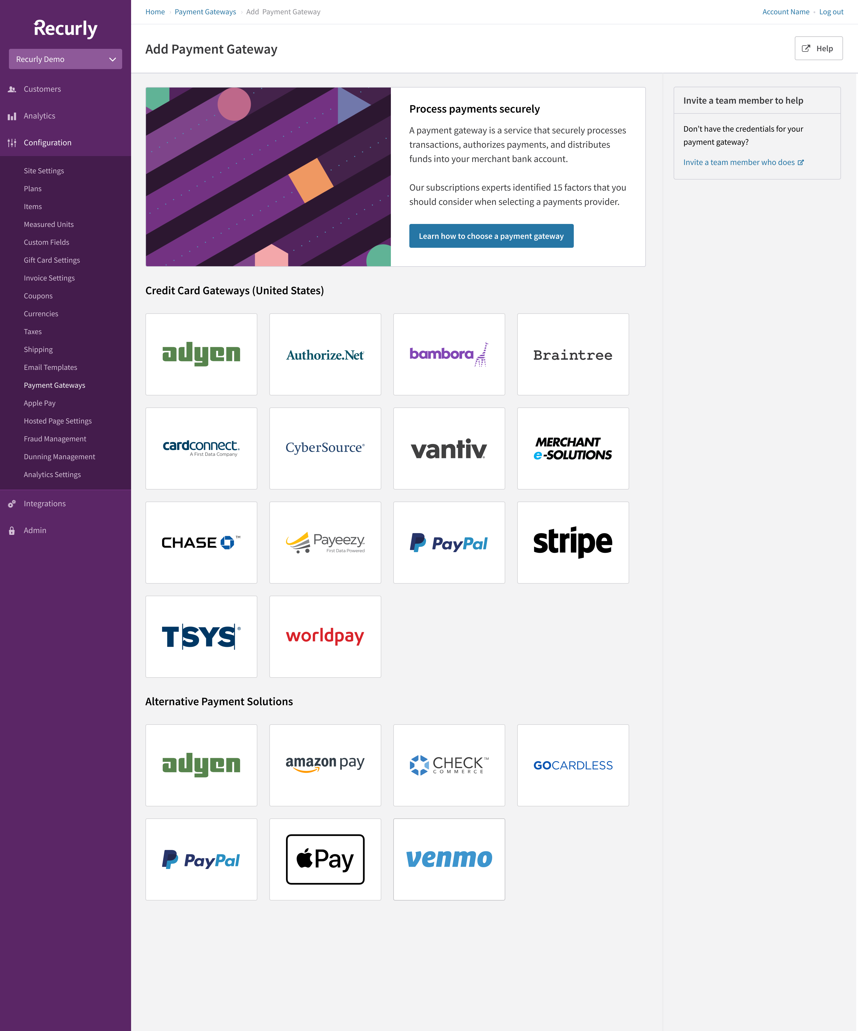 screenshot of Recurly