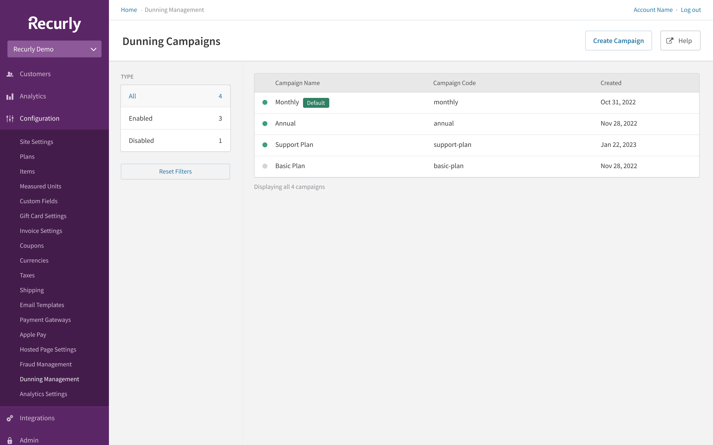 screenshot of Recurly