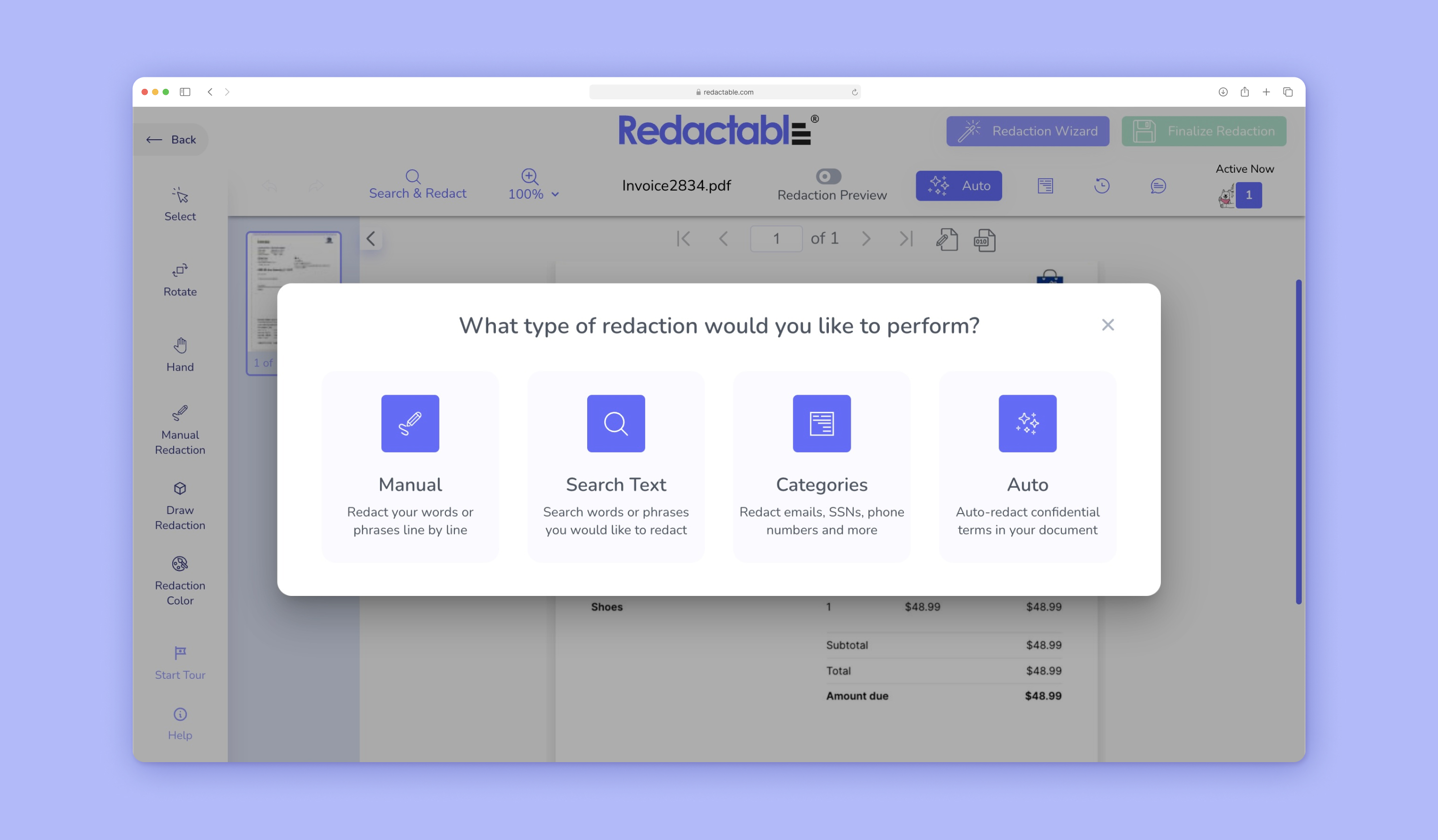 screenshot of Redactable