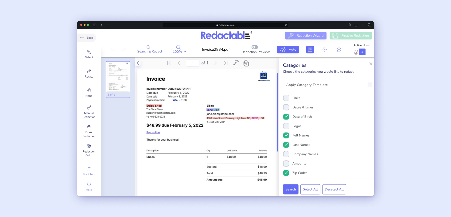 screenshot of Redactable