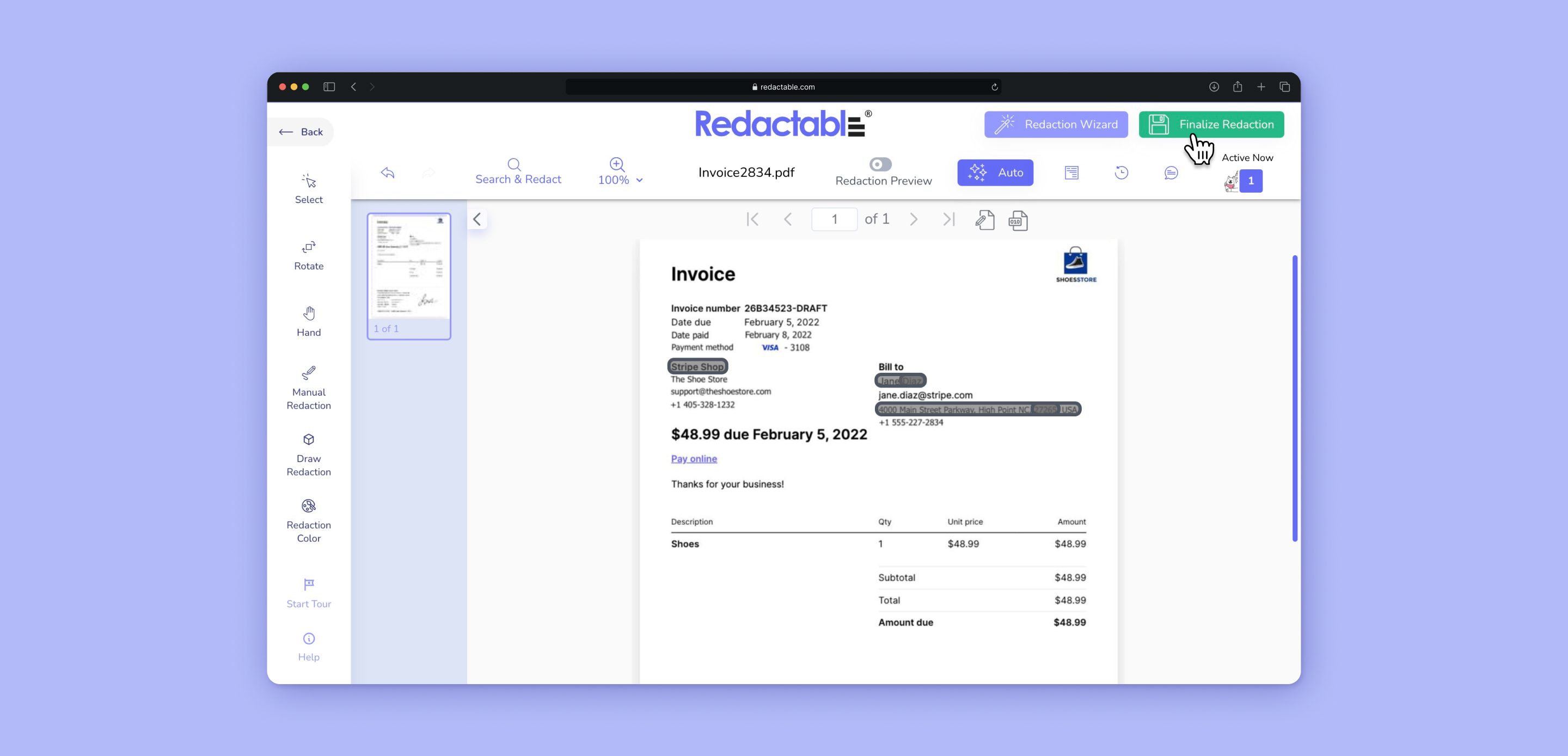 screenshot of Redactable