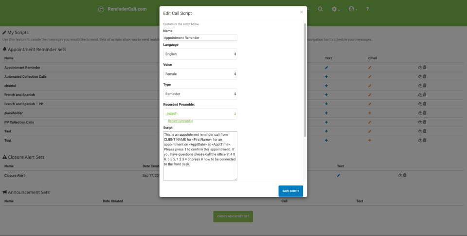 screenshot of ReminderCall.com