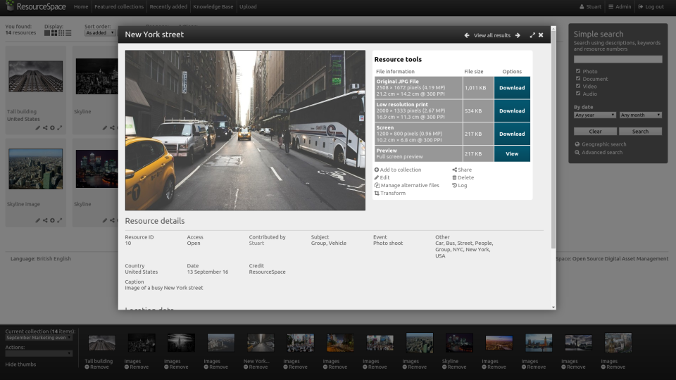 screenshot of ResourceSpace