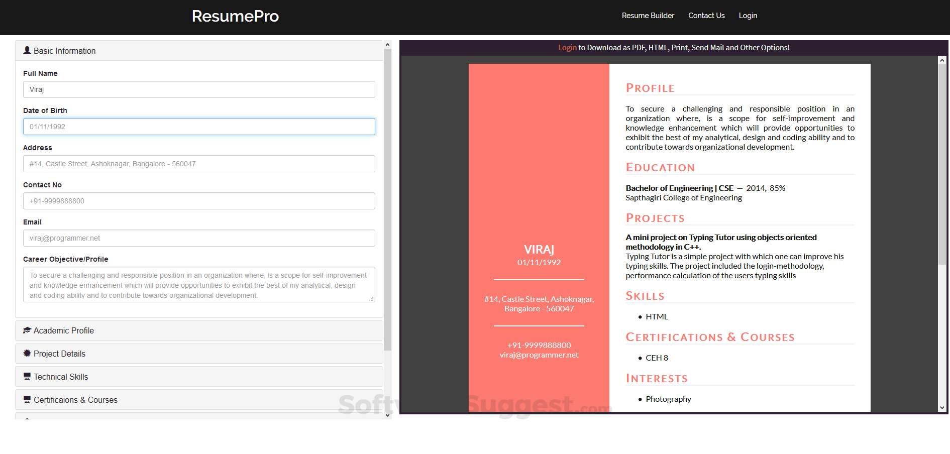 screenshot of ResumePro