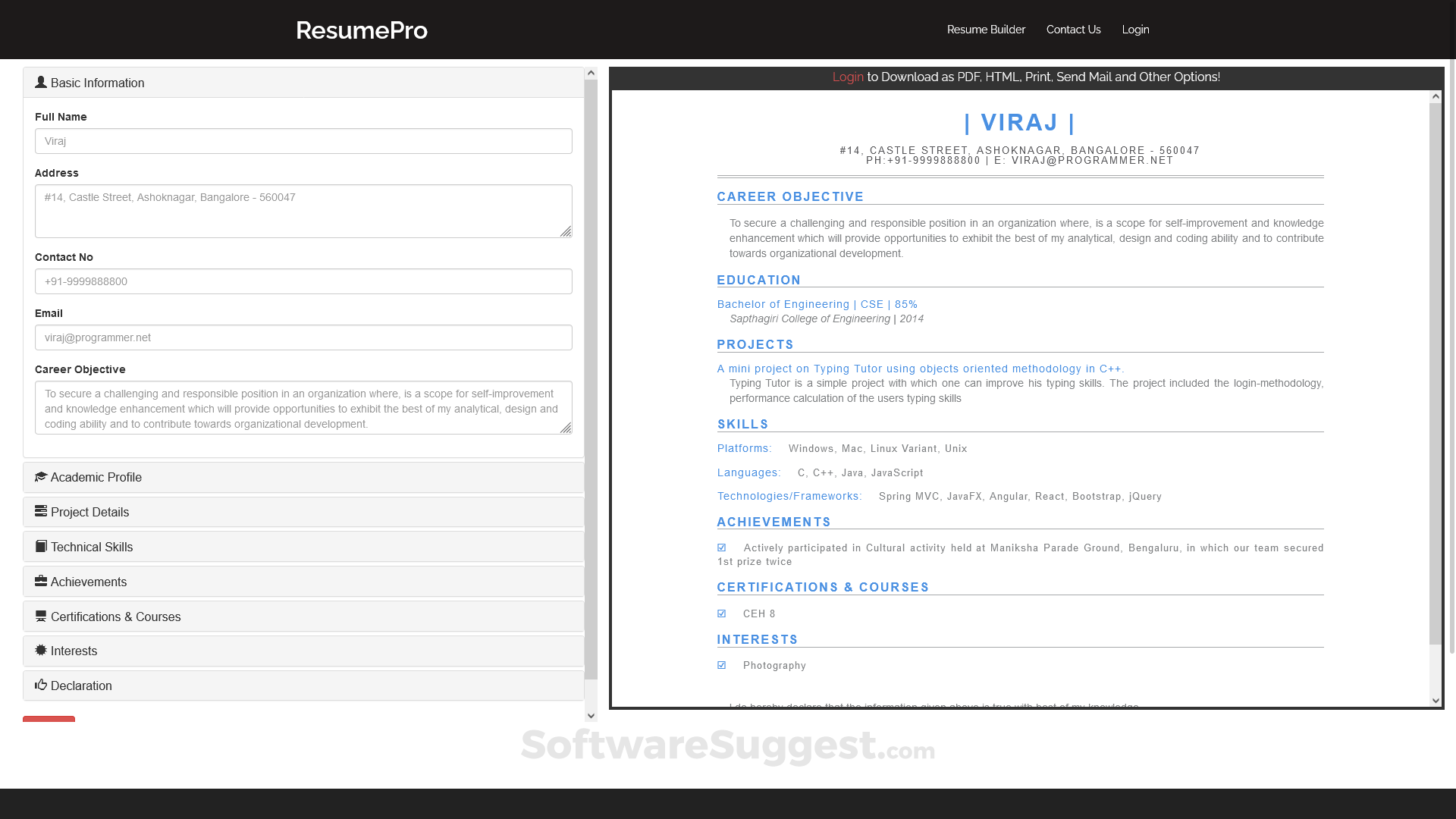 screenshot of ResumePro