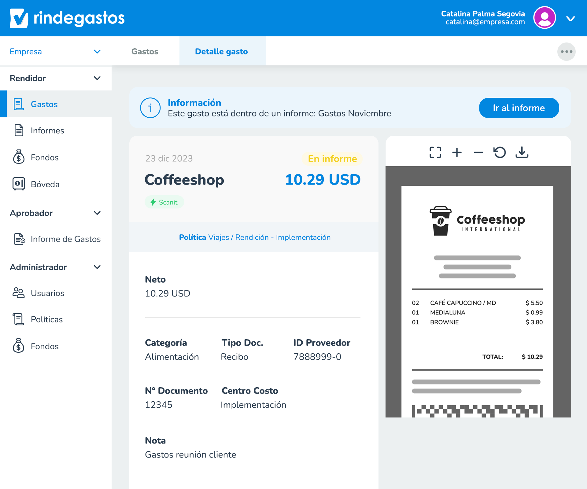 screenshot of Rindegastos
