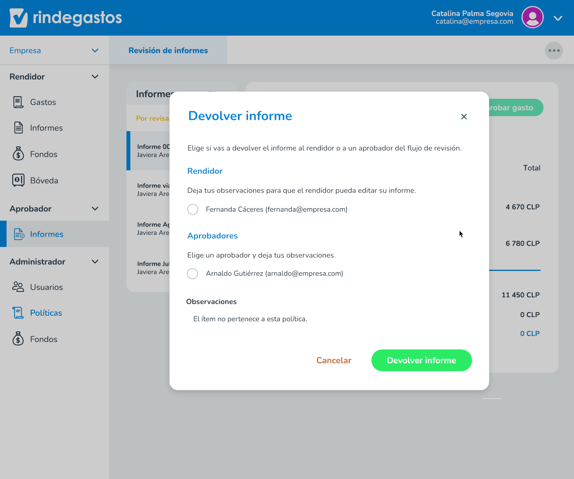 screenshot of Rindegastos