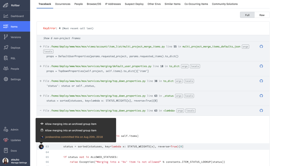 screenshot of Rollbar
