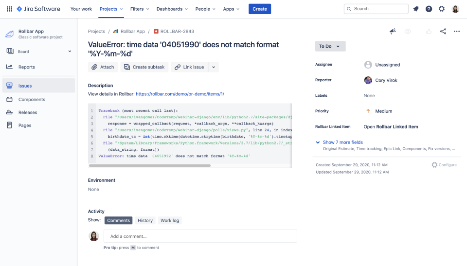 screenshot of Rollbar