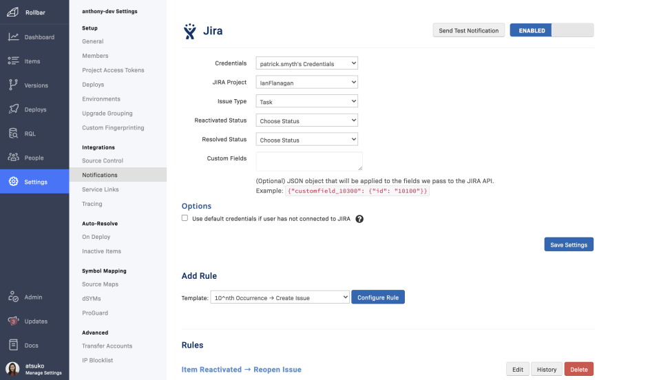 screenshot of Rollbar
