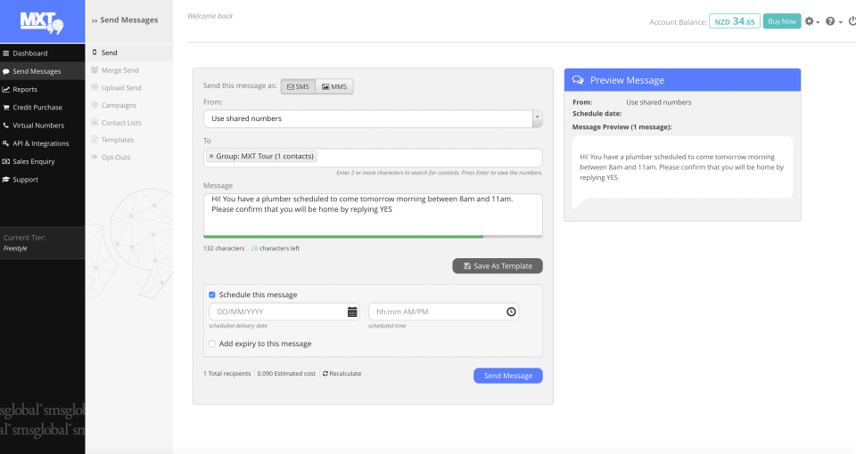 screenshot of SMSGlobal