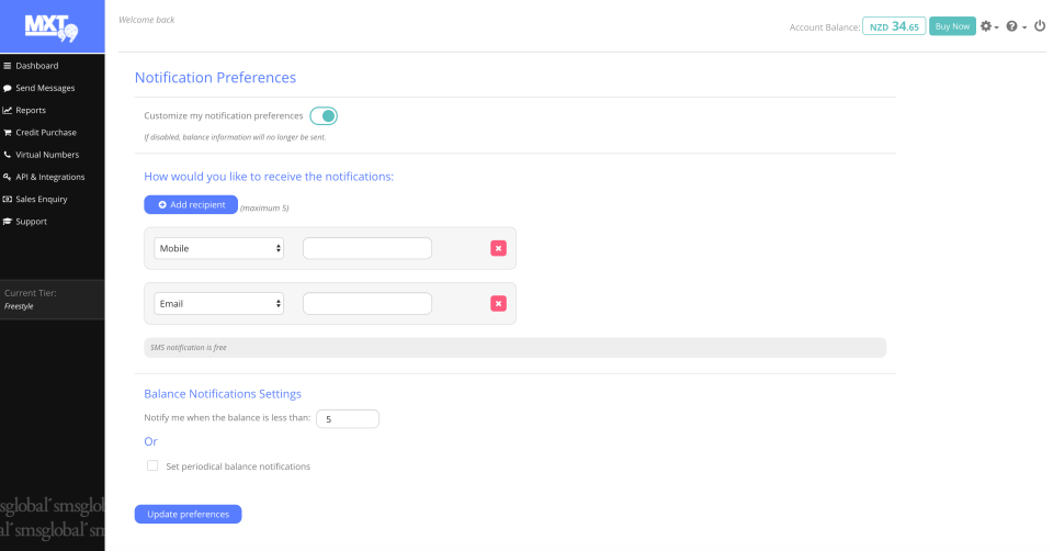 screenshot of SMSGlobal