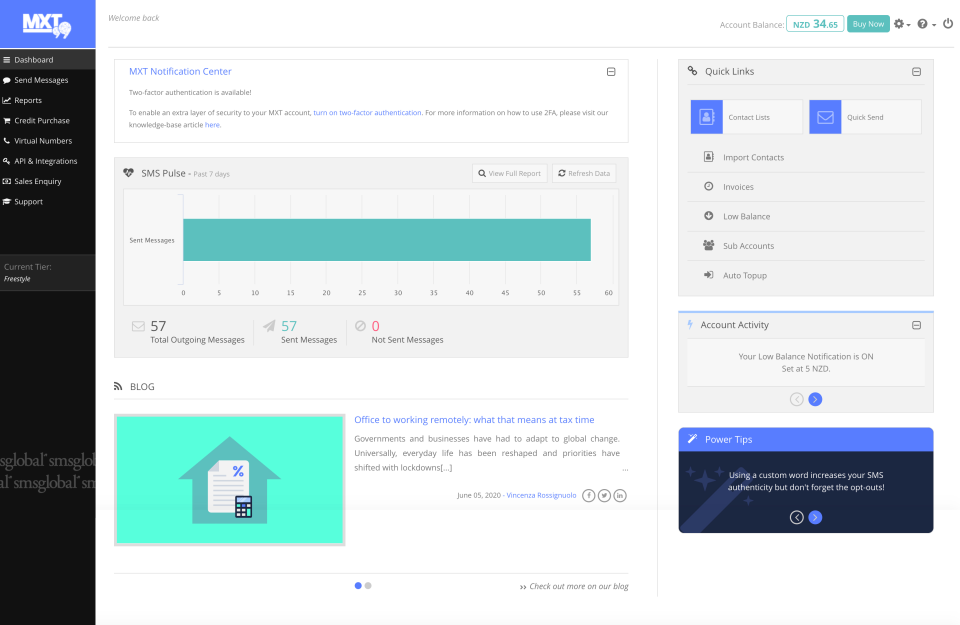 screenshot of SMSGlobal
