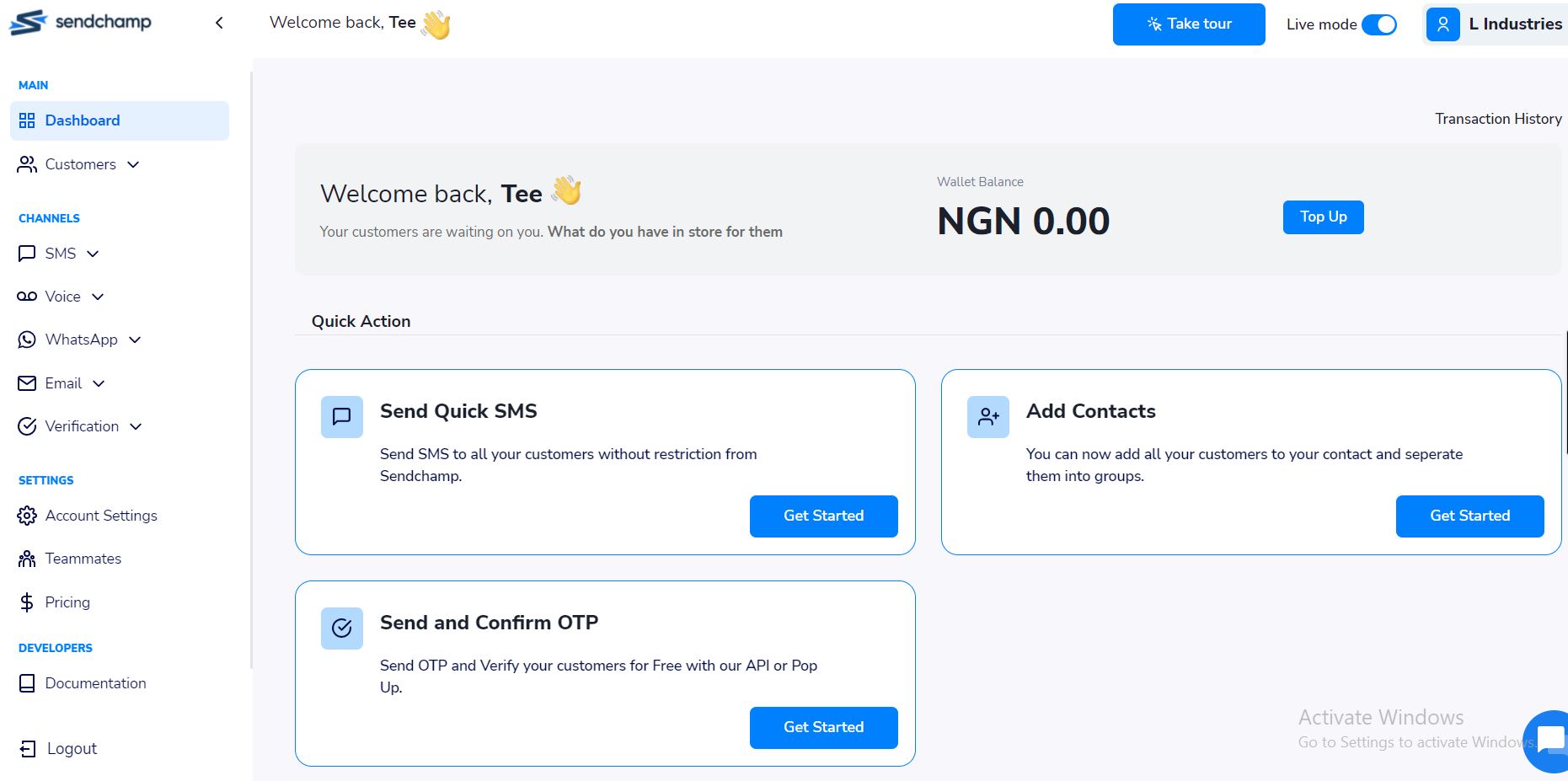 screenshot of Sendchamp