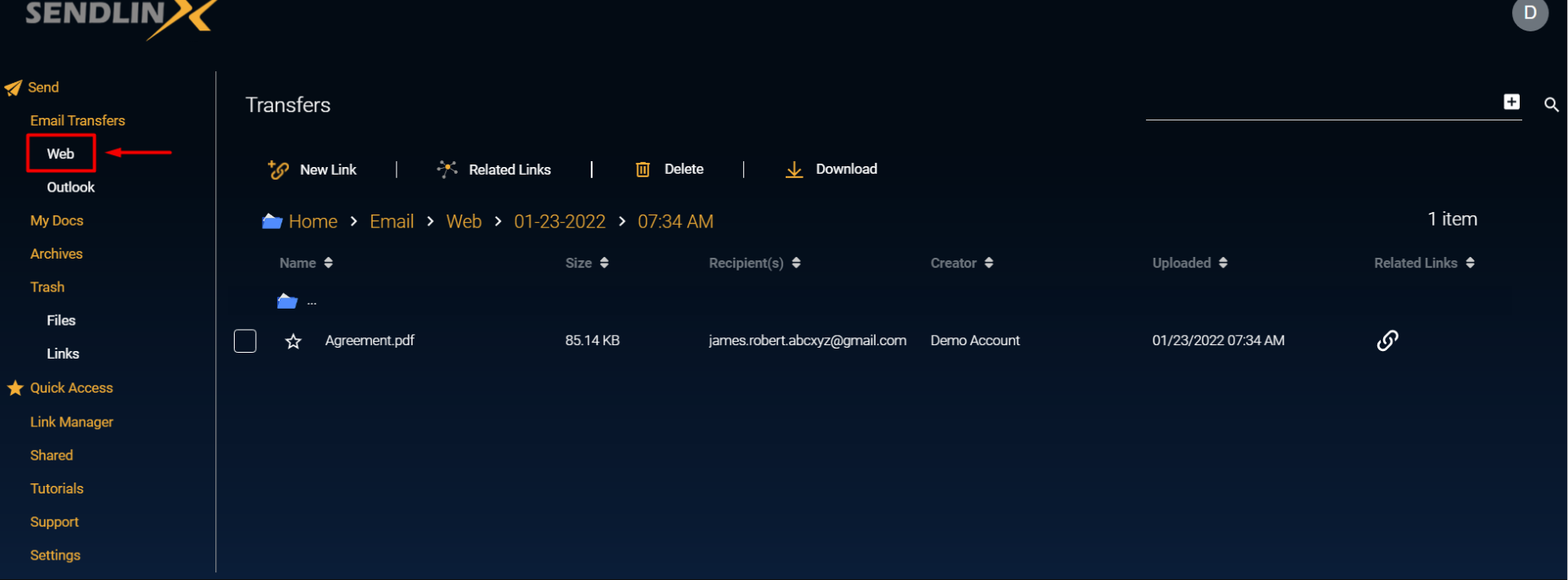 screenshot of Sendlinx