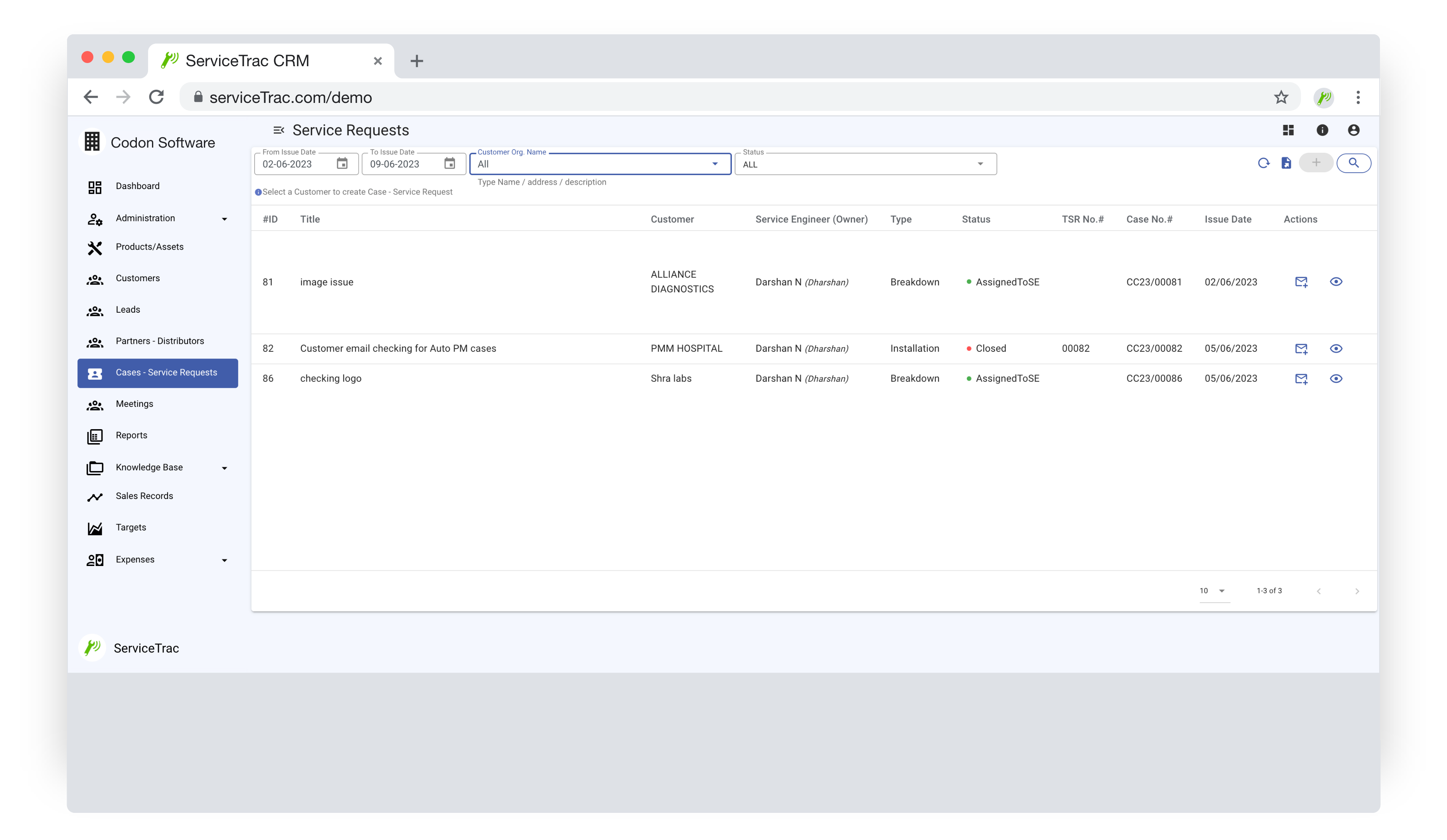 screenshot of ServiceTrac