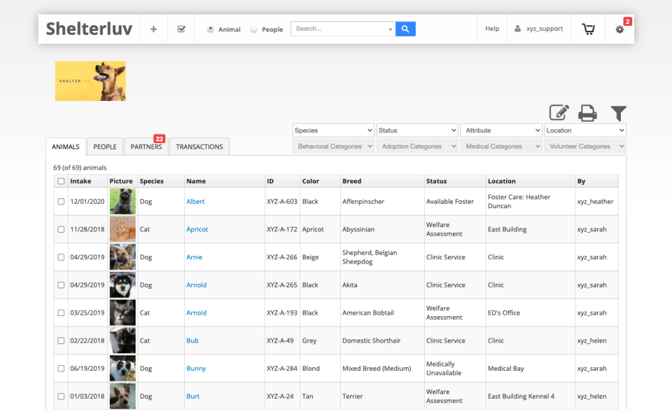 screenshot of Shelterluv