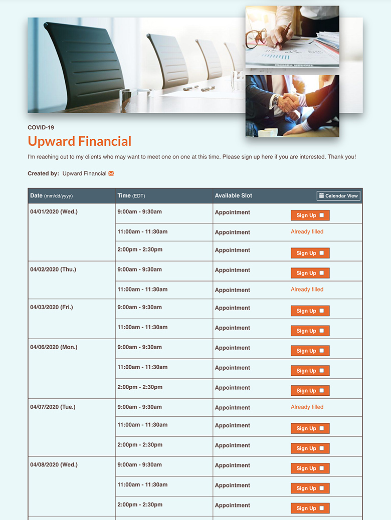 screenshot of SignUpGenius