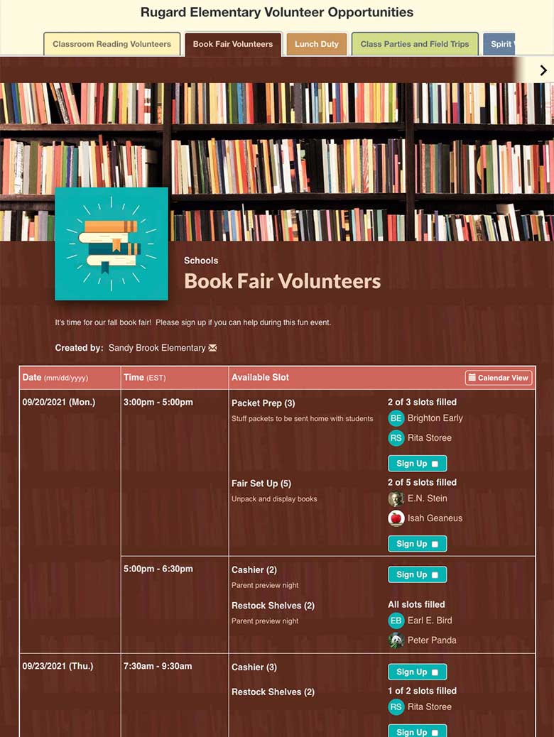 screenshot of SignUpGenius