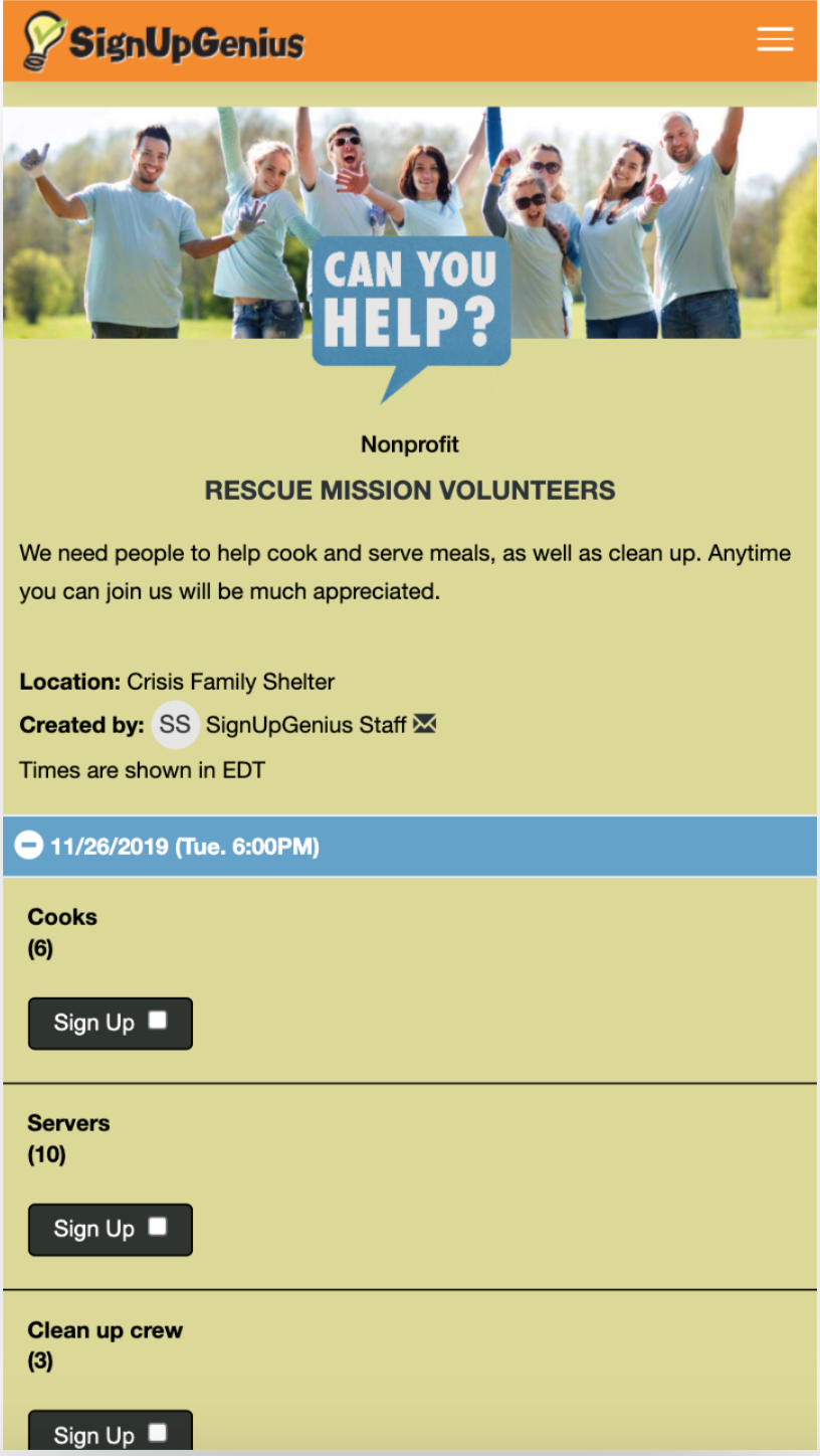 screenshot of SignUpGenius