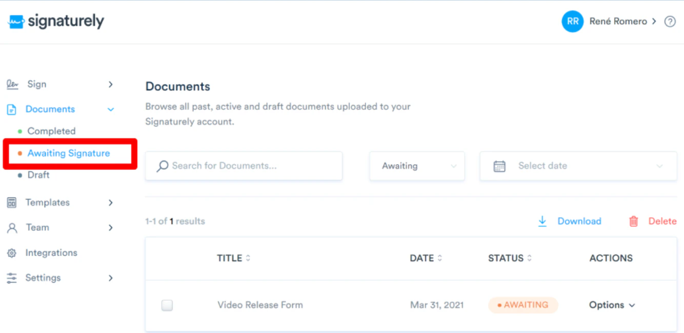 screenshot of Signaturely