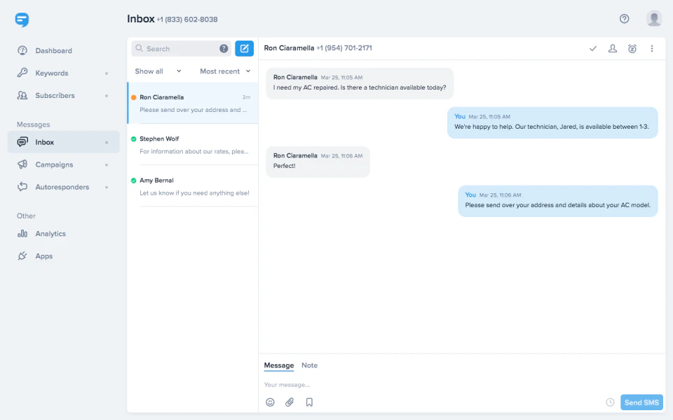 screenshot of SimpleTexting