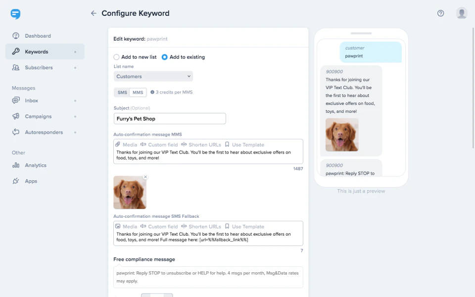 screenshot of SimpleTexting