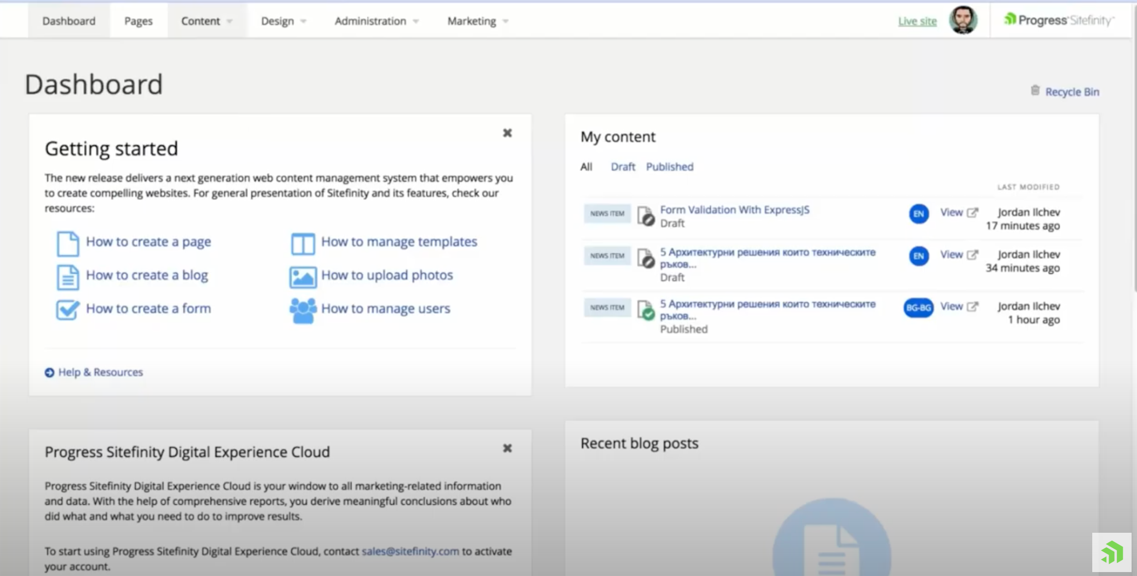 screenshot of Sitefinity