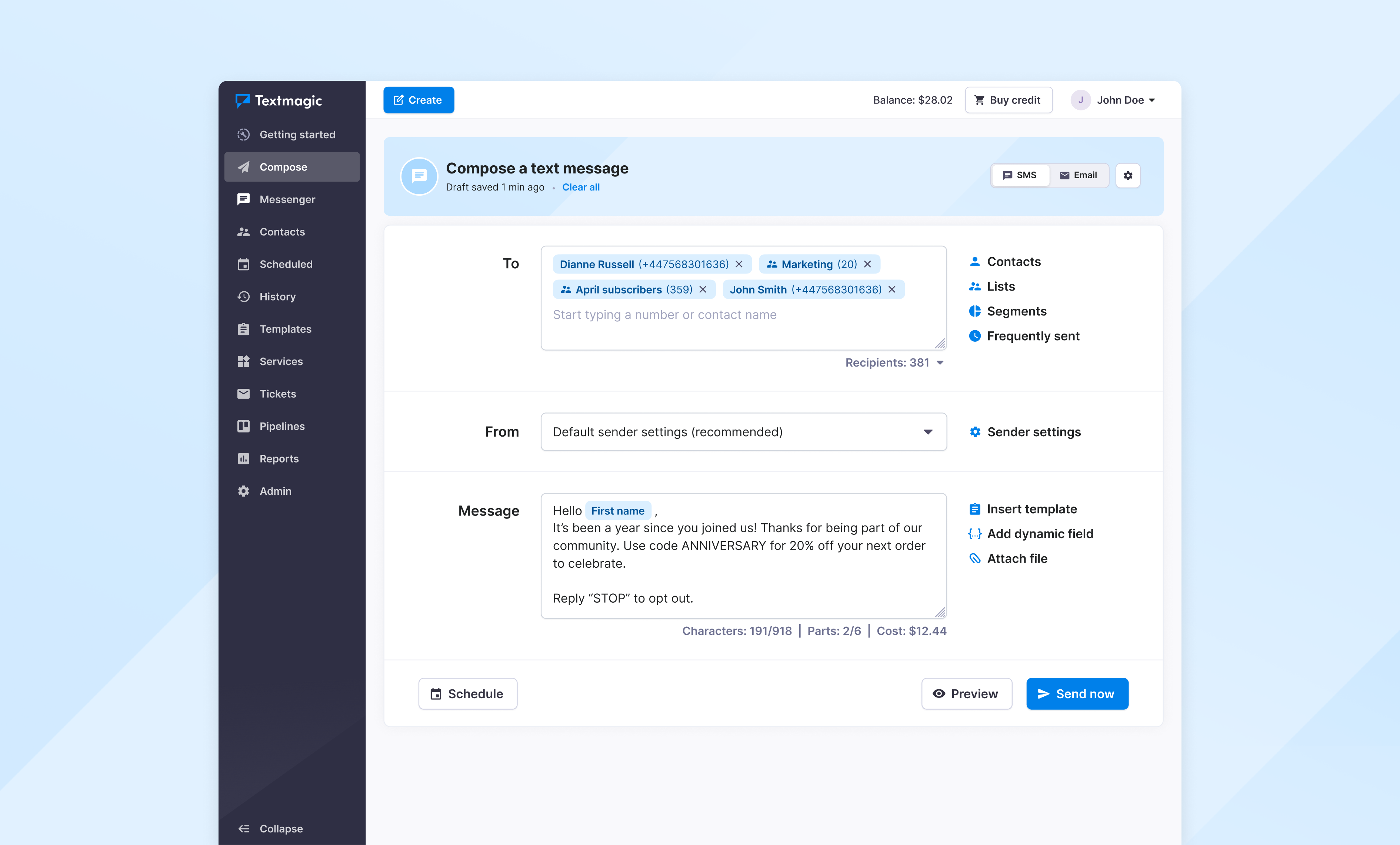 screenshot of Textmagic