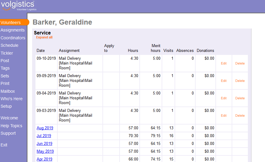 screenshot of Volgistics
