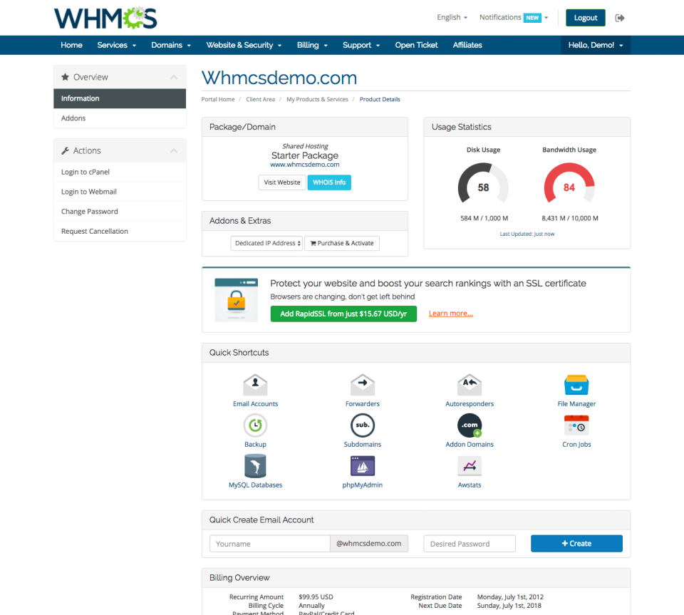screenshot of WHMCS