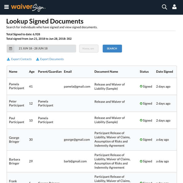 screenshot of WaiverSign