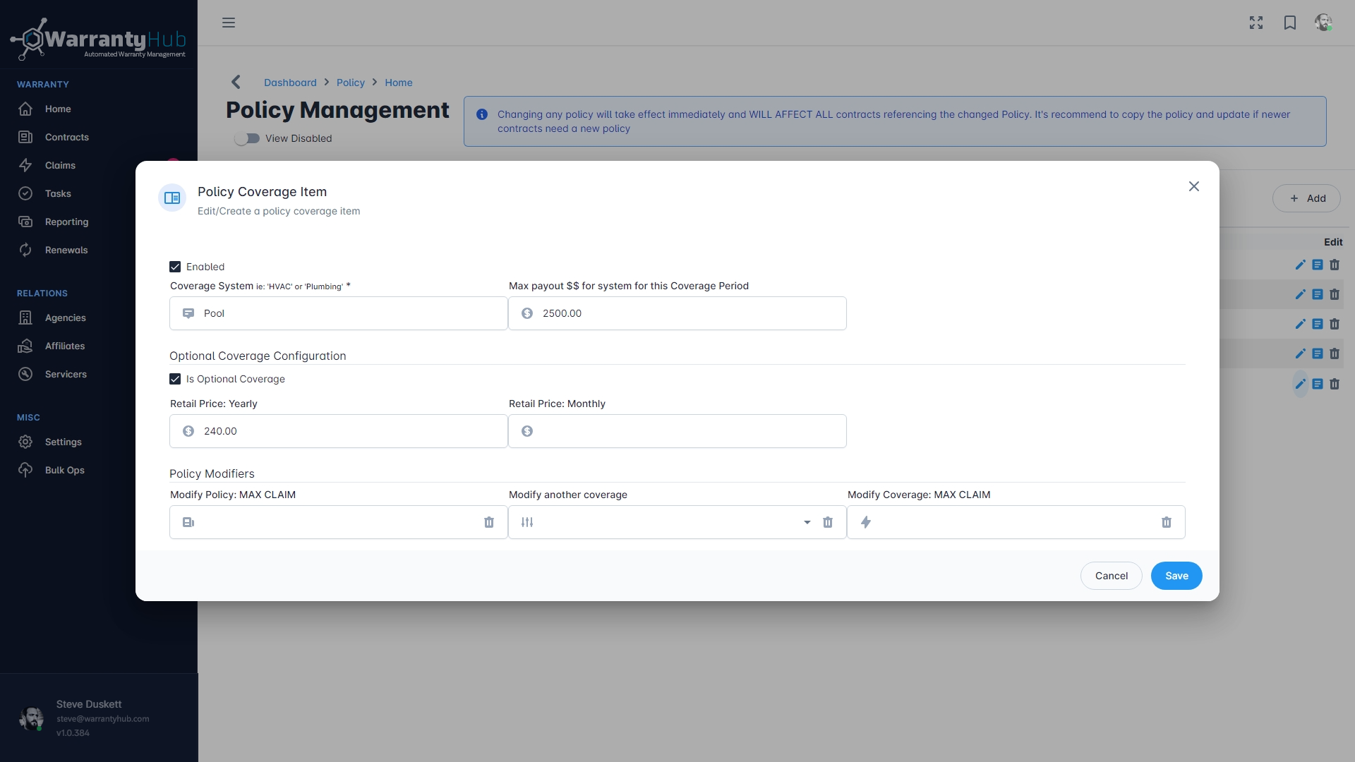 screenshot of WarrantyHub