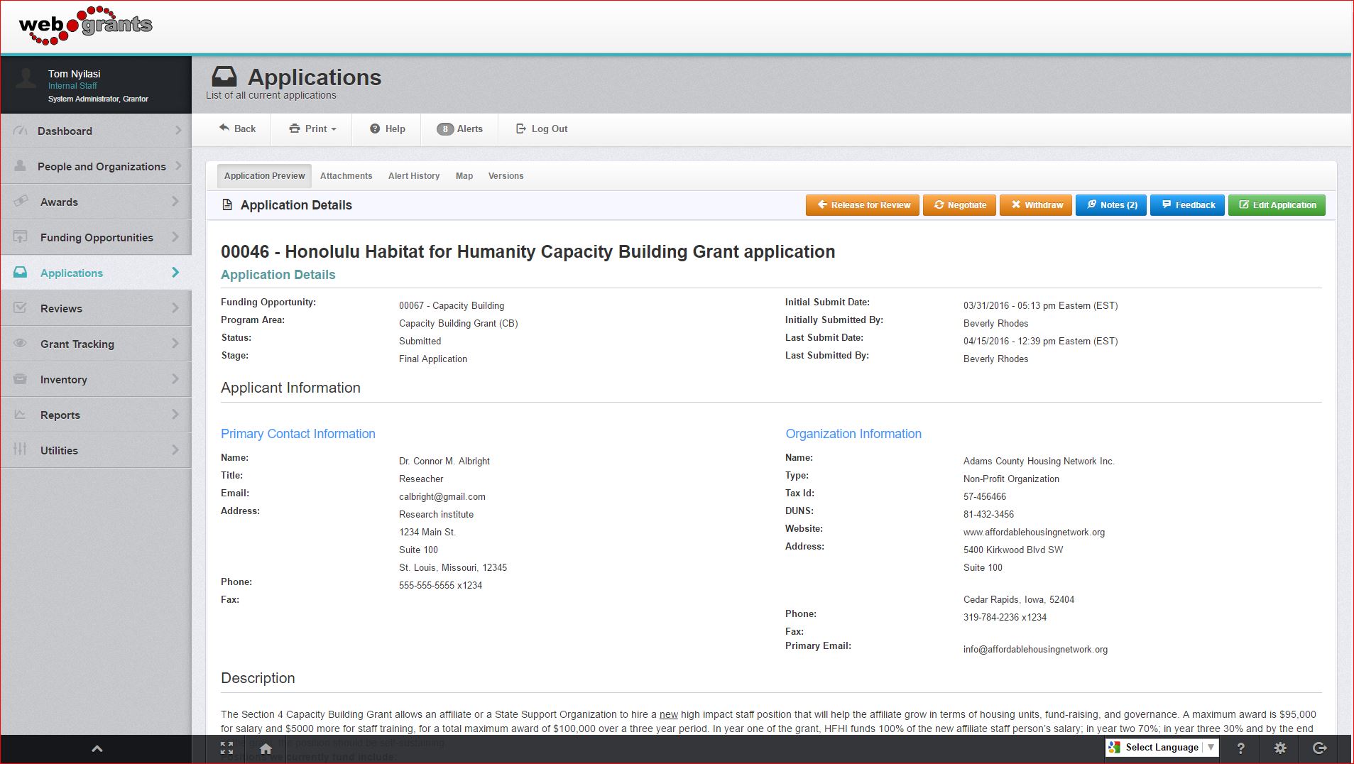 screenshot of WebGrants