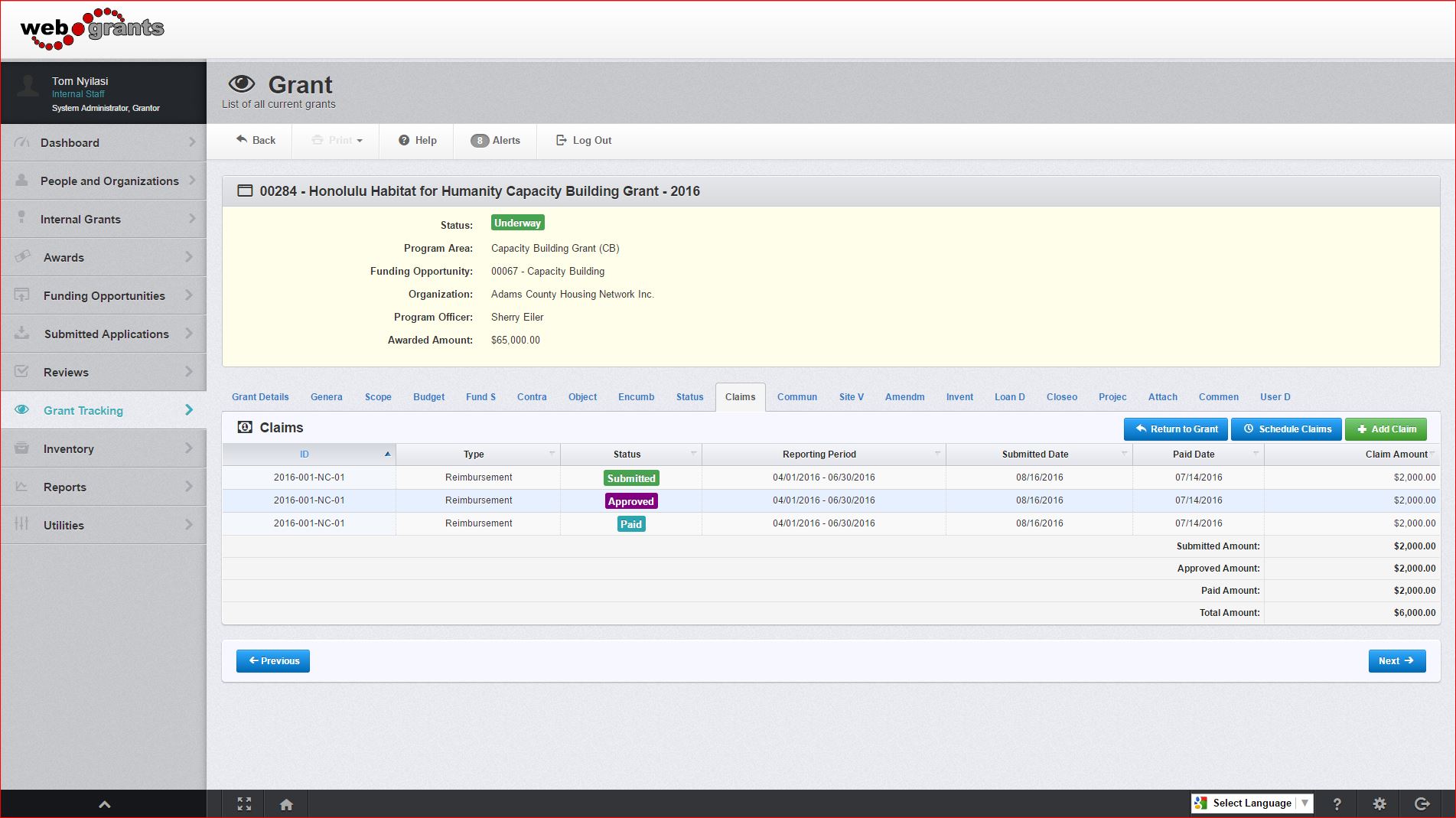 screenshot of WebGrants