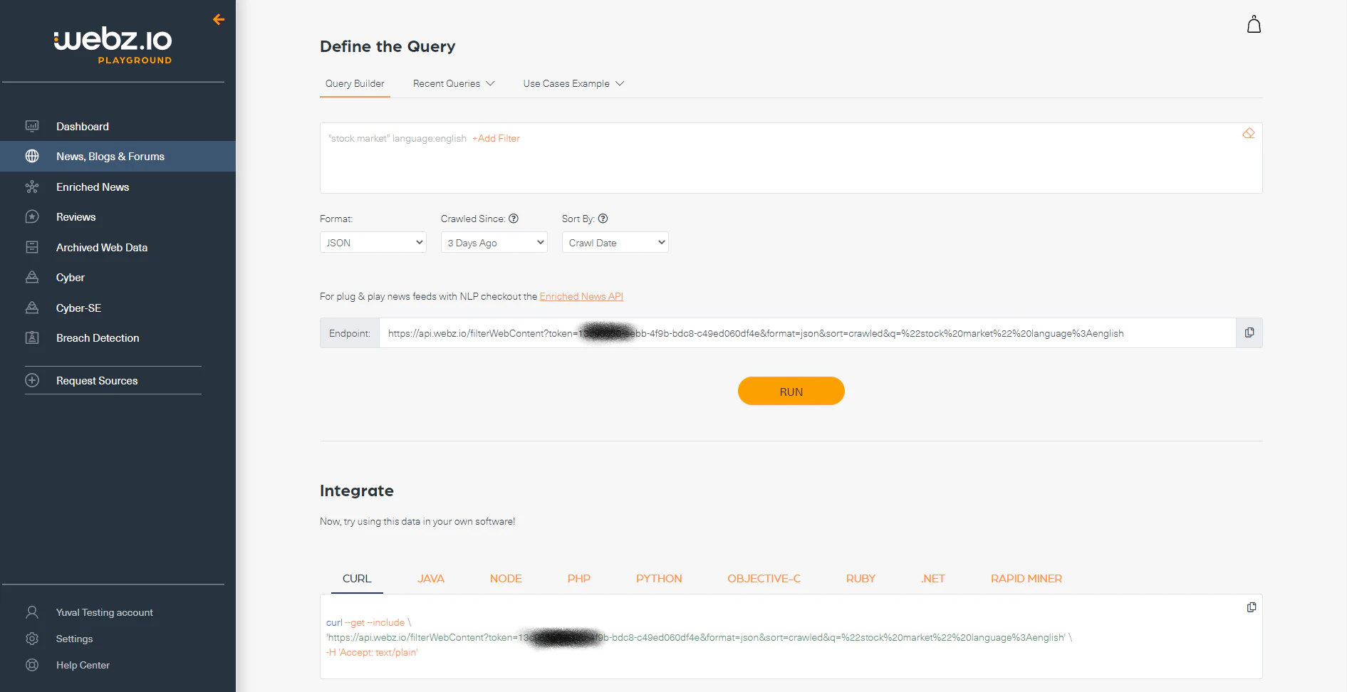 screenshot of Webz.io