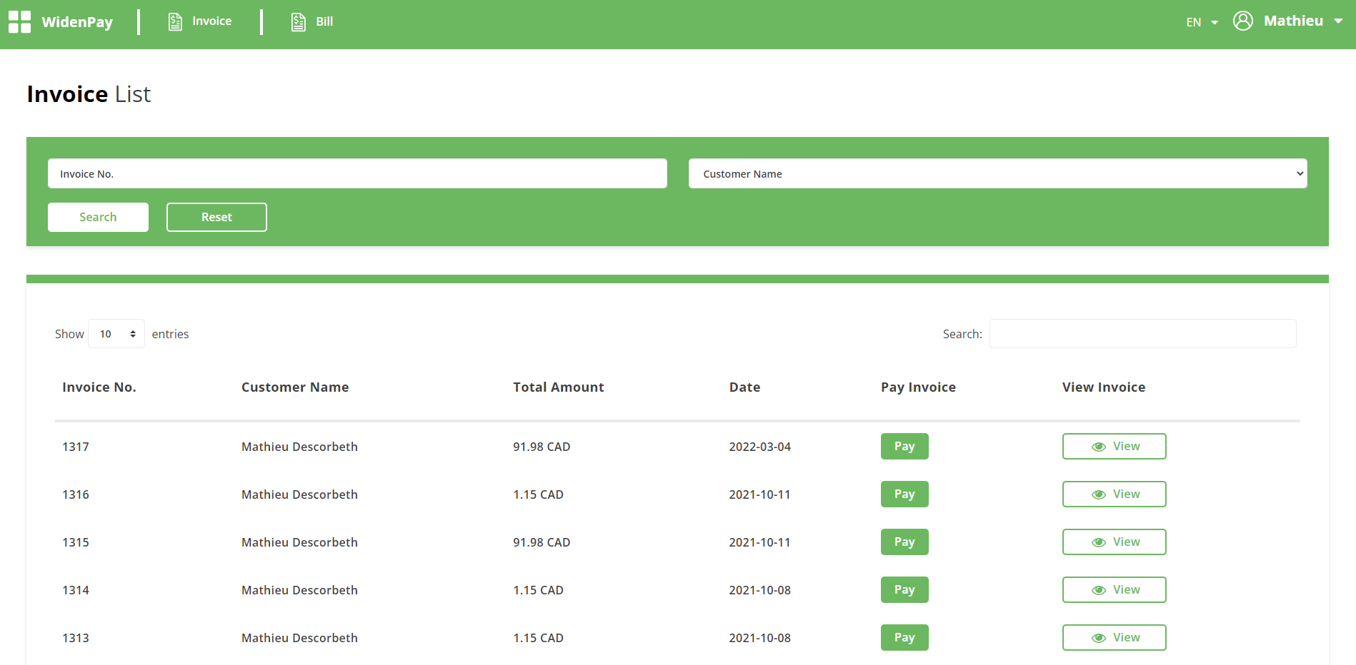 screenshot of WidenPay