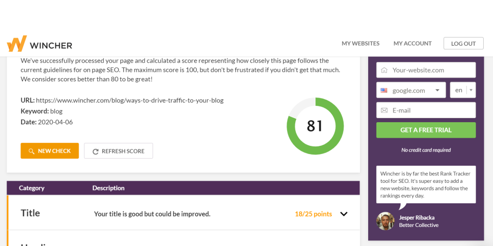 screenshot of Wincher