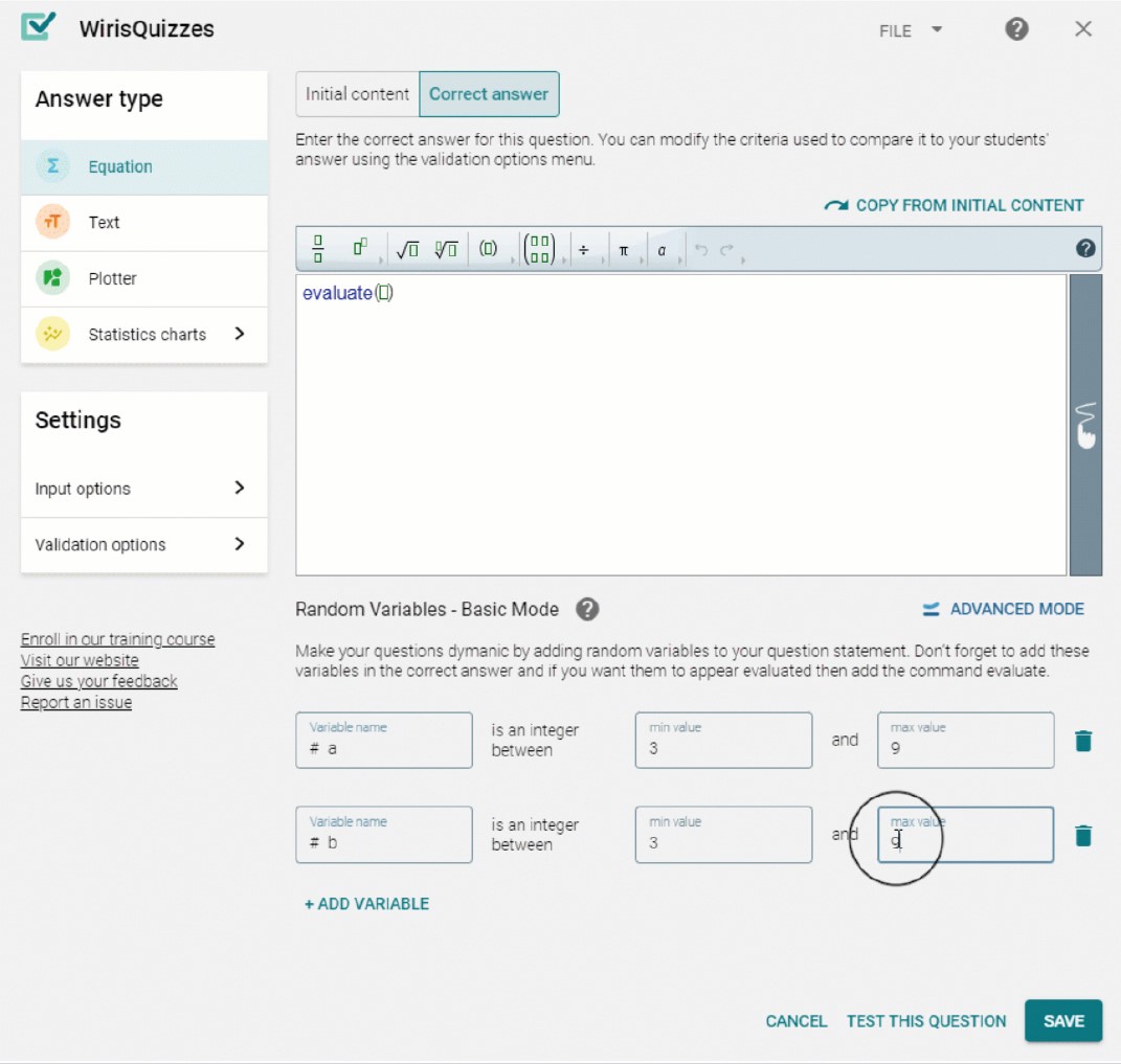 screenshot of WirisQuizzes